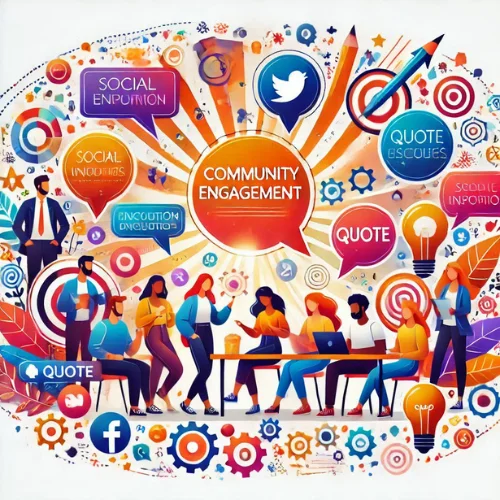 Colorful illustration of community engagement with diverse individuals collaborating, surrounded by icons for social media, quotes, and inspiration, promoting interaction and connection.